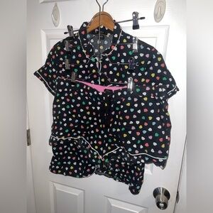 J.Crew Pajama Set Size L Black Heart Print Short Sleeve & Shorts